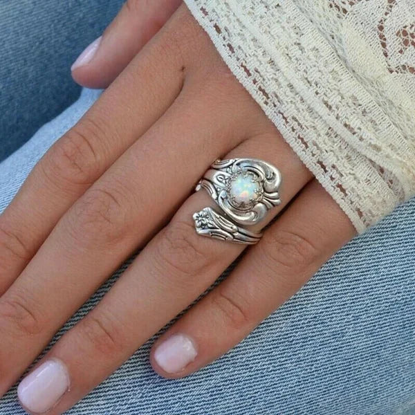 WHITE OPAL SILVER SPOON RING