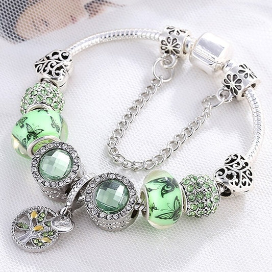 STERLING CHARM GREEN CRYSTAL BRACELET