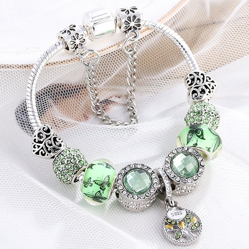 STERLING CHARM GREEN CRYSTAL BRACELET