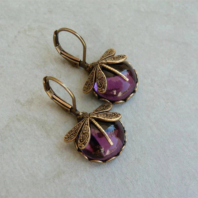 ANTIQUE GOLD DRAGONFLY ORB EARRINGS