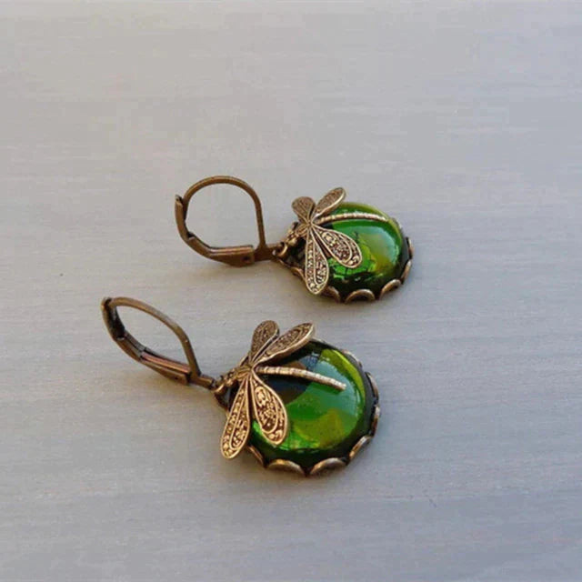 ANTIQUE GOLD DRAGONFLY ORB EARRINGS