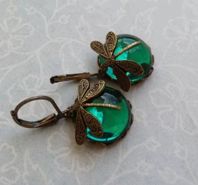 ANTIQUE GOLD DRAGONFLY ORB EARRINGS