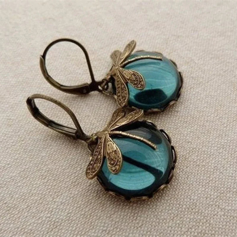 ANTIQUE GOLD DRAGONFLY ORB EARRINGS